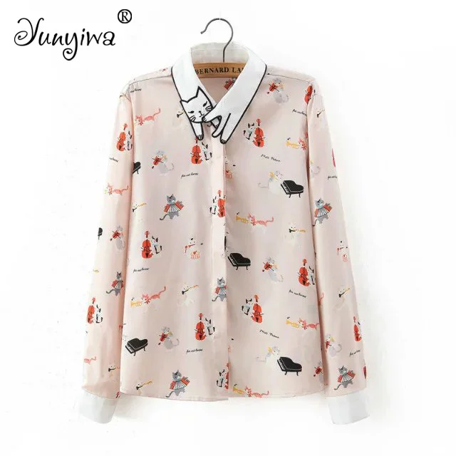 

Yuuyiwa Women Blouses Shirts Women's retro cat embroidered collar piano cat print casual shirt Tops Blusas Mujer De