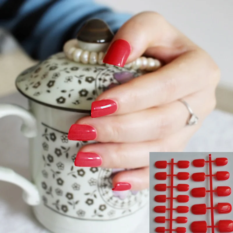 Flat Acrylic nails Tips Candy False Nails Bright Classic Red Salon ...