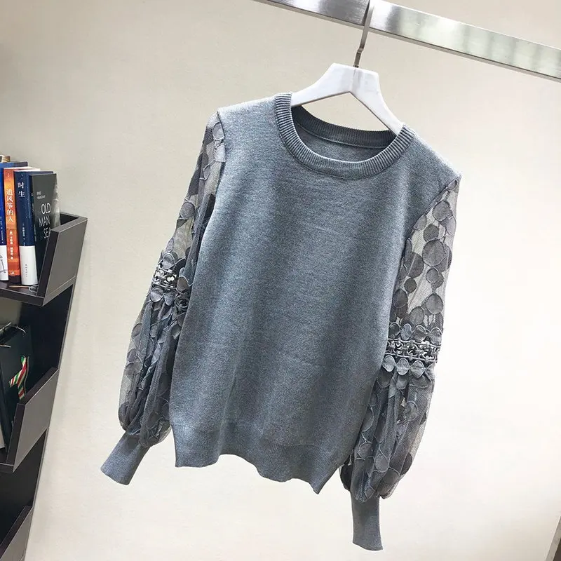 LUOSHA женский осенне-зимний топ с сетчатыми рукавами, лоскутный пуловер и свитер, женский джемпер, сексуальный свитер, Pull Femme Hiver - Цвет: gray