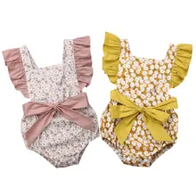 Ползунки с оборками для маленьких девочек; комбинезон с бантом для новорожденных; летняя одежда с цветочным рисунком для маленьких девочек; костюмы для малышей