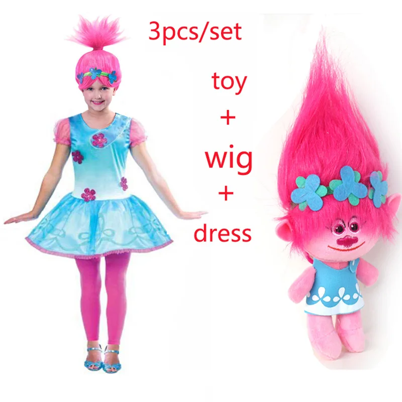 2018 New Carnival Costume Trolls Dress Wig toy For Kids Poppy Lace Baby Girls Moana clothes Children Vaiana Party Vestido | Детская