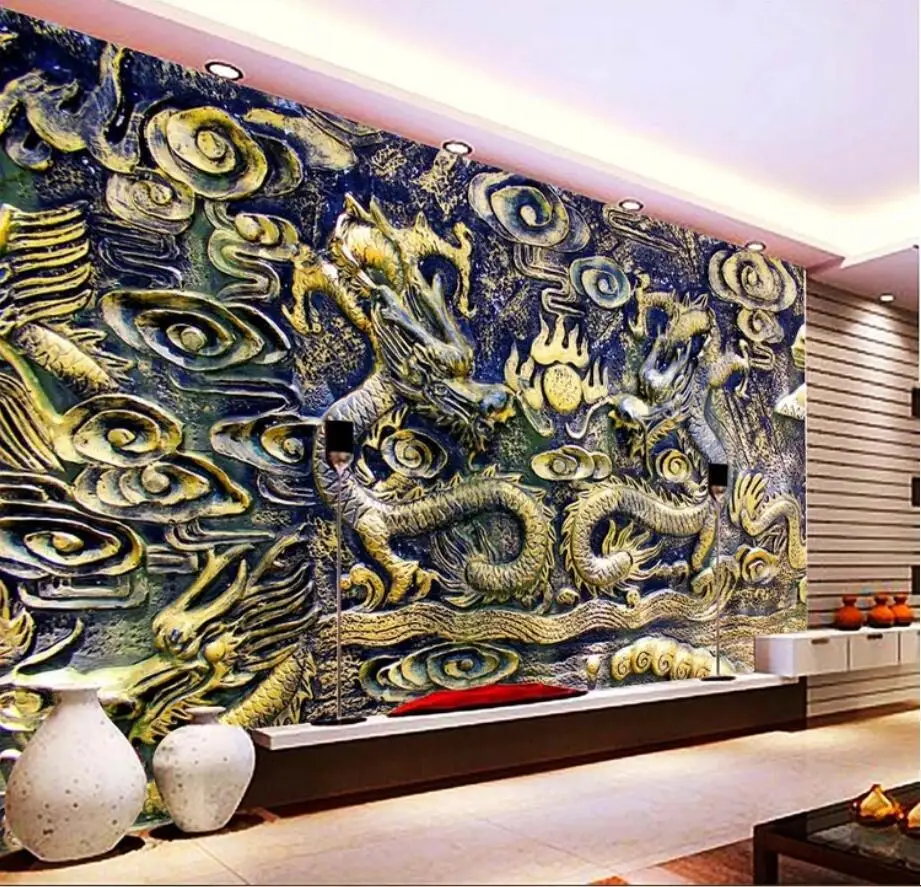 Beibehang Custom wallpaper Chinese dragon wood carving TV background