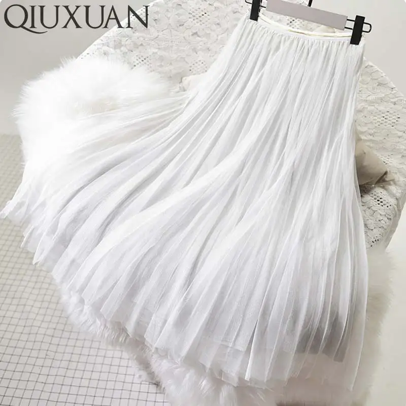 

Qiuxuan Women Mesh Elastic High Waist Skirts Spring Summer Tipping Detail Glitter Pleated Skirt Female Midi Skirt Multi Color