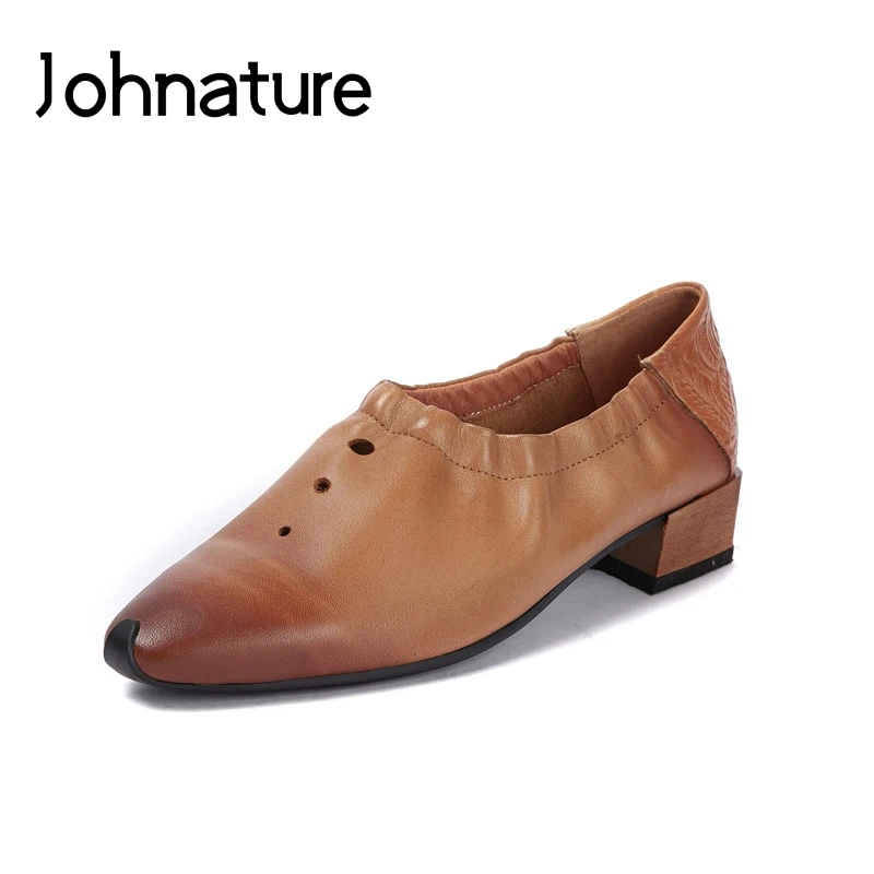 

Johnature 2019 New Spring/Autumn Genuine Leather Square Heel Pointed Toe Casual Sewing Retro Hollow Slip-on Women Shoes Pumps