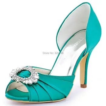 

Women Bridal Wedding Shoes Buckle High Heels Shoes Teal Satin Ladies Bridesmaids Woman Shoes A2136