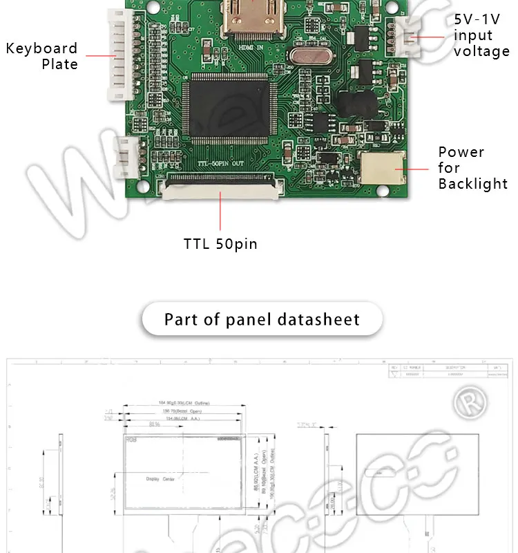 de controle, TFT LCD TTL, 8 pol,