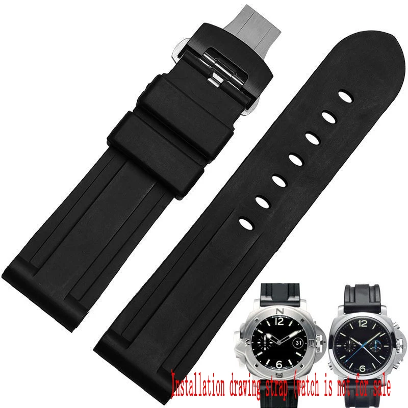 

Men 24mm Soft Nature Silicone rubber watchbands Black butterfly clasp for Panerai PAM111 PAM00112 PAM389 Men's Watch Strap +Tool