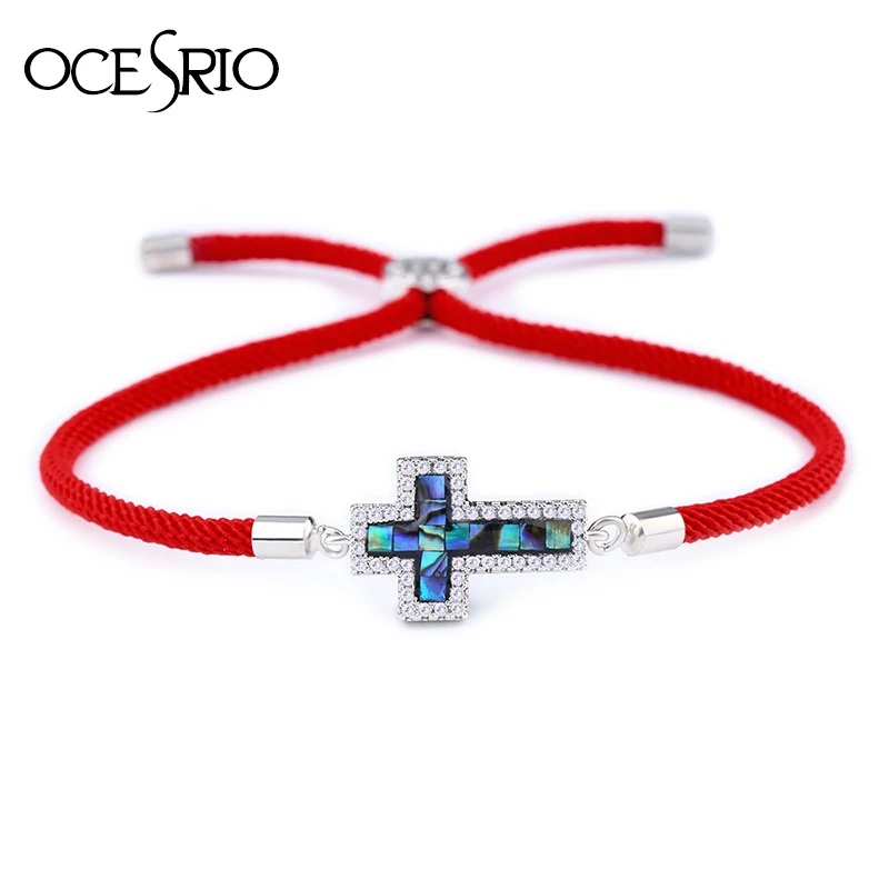 

OCESRIO Natural Shell Red Thread Bracelet Adjustable Pave Zirconia Silver Jesus Cross Bracelet for Girl Jewelry bileklik brt-a84