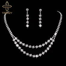 TREAZY Кристалл Свадебные Ювелирные наборы серебряного цвета со стразами квадраты кисточкой ожерелье серьги свадебный набор украшений для женщин