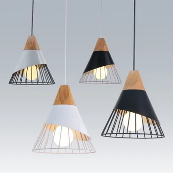 

Creative Home Led Pendant Lights Nordic Modern Minimalist Restaurant Living Room Cafe Bar Study Log Wood Conical Iron Hanglamp