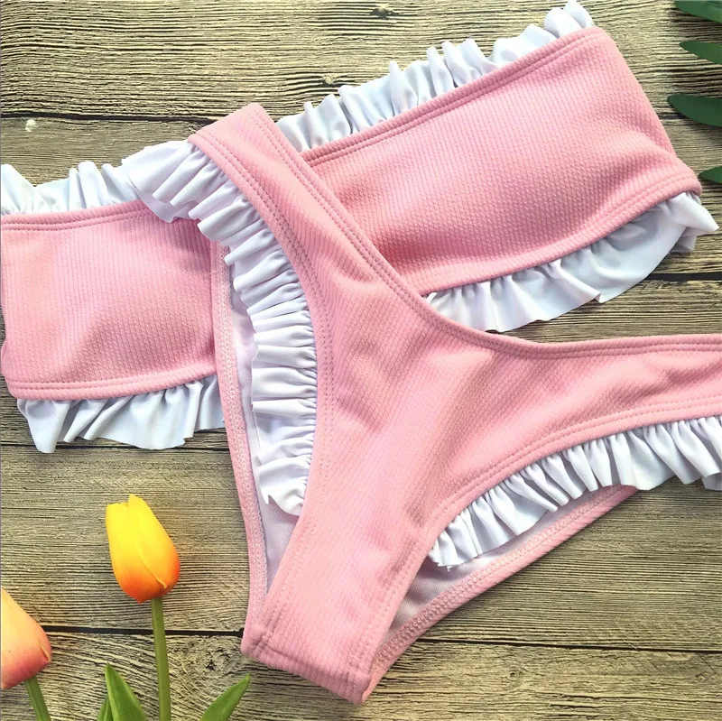 New Women Bikini Ruffled Ribbed High Cut Bandeau Bikini Set Women Swimwear (12)