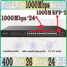 Max PoE 400 ватт 24 порта Переключатель питания по сети Ethernet RJ45 сетевой коммутатор, 26 портов 2 SFP 24 poe 400 Вт 1000 Мбит/с переключатель виртуальной локальной компьютерной сети IEEE802.3af/at