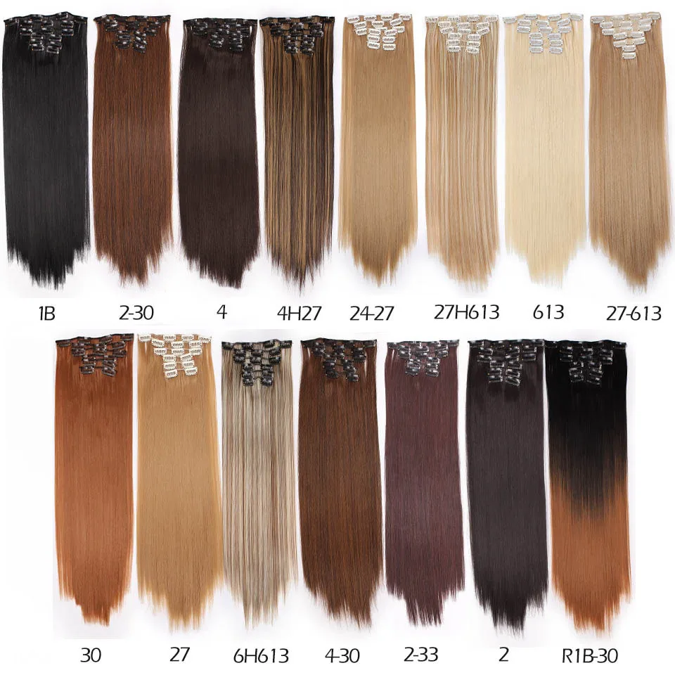 16 clips 24 inch Long Straight Synthetic Hair Extensions 140g false clip hairs High Temperature Fiber Black and Blond Hairpiece