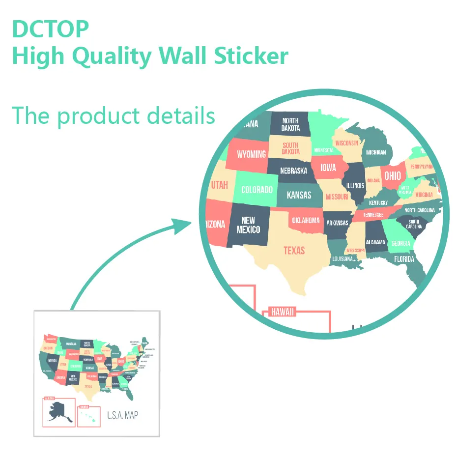 Pretty Color USA Map American States Map Wall Decal Kids Children's Art Vinyls Stickers Living Room Home Decorative Wallpaper (3)