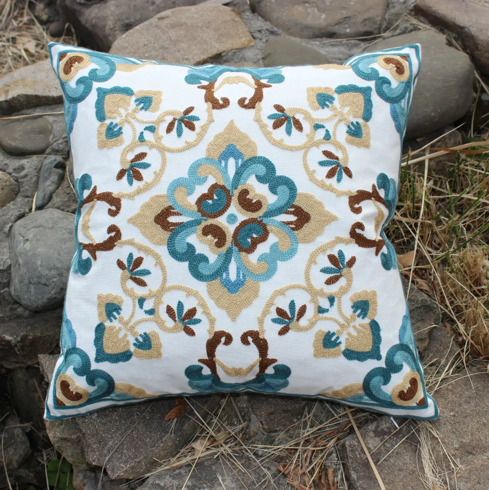 wholesale beige flower embroidery cotton cushions cover throw pillows