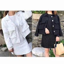 Женский черный, белый, Осенний Повседневный пиджак, новинка, с блестками, однобортное зимнее пальто, женская мода, отложной воротник, veste femme