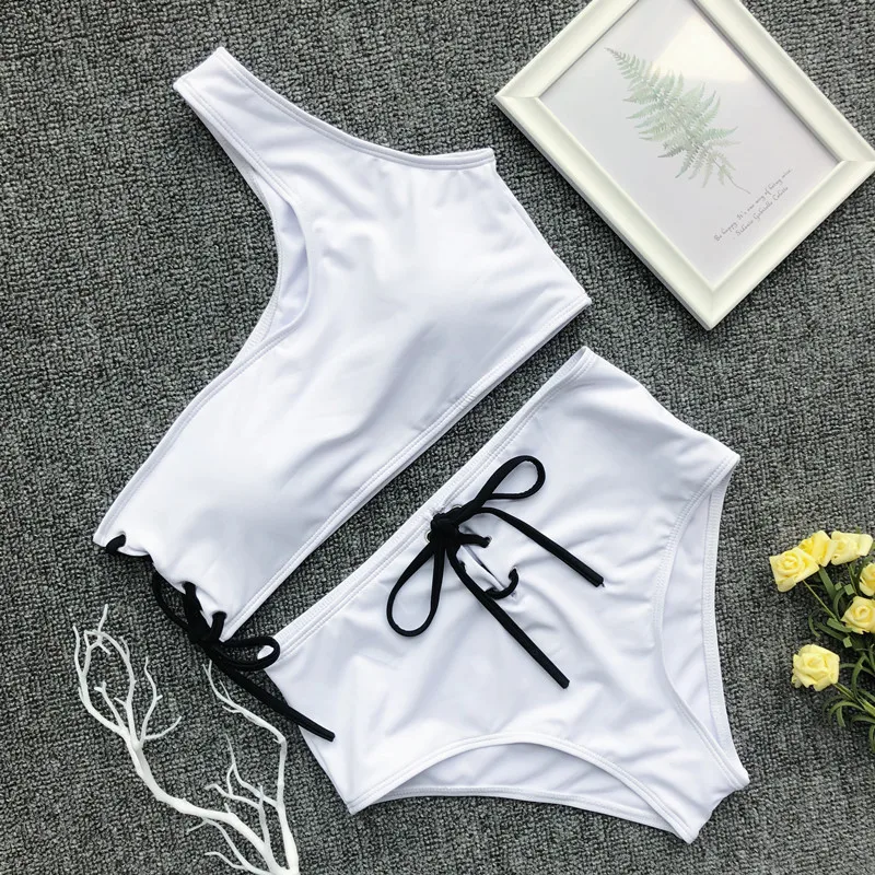 Bikinx Белый бикини с высокой талией 2019 mujer пикантное платье на одно плечо купальник