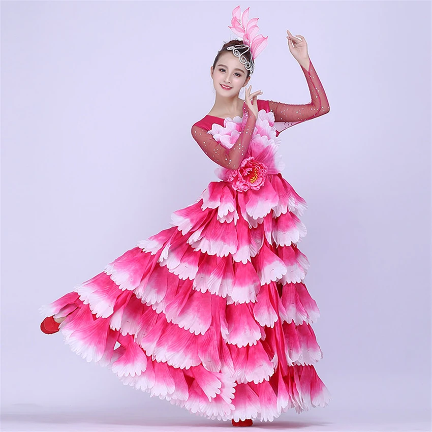 360-720 Degree Flamenco Dress for Women Spanish Gypsy Petal Dance Costume Rose Red Bullfighting Dance Costume Flamego long Robe