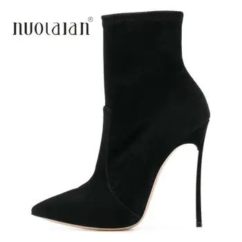 

Women Boots Stretch Fabric Suede Ankle Boots For Women Pointed Toe High Heel Shoes Woman Autumn Winter Boots high heels Boots