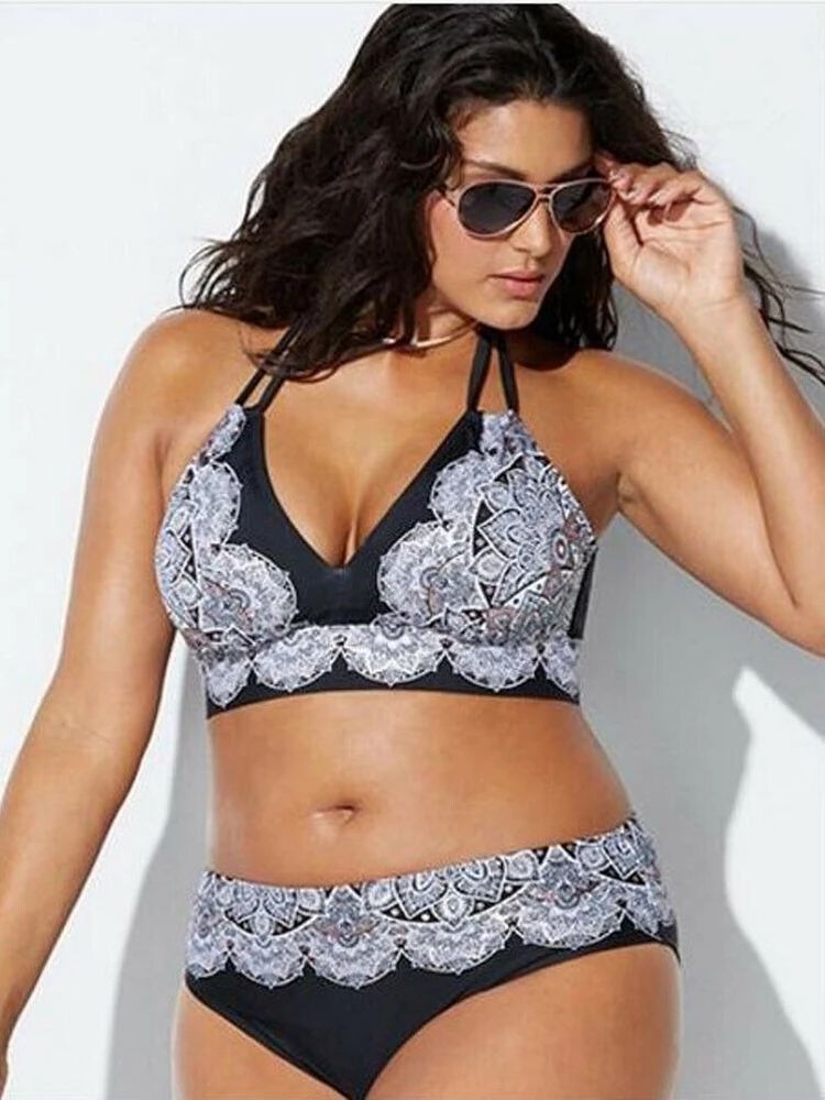 

Plus Size Halter Floral Print Vintage Bikini Set, 2 Piece Swimsuit Set For Women