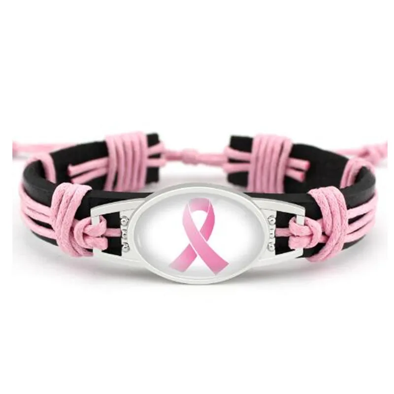 

Custom Breast Cancer Awareness Bracelet Jewelry 18*25mm Pink Ribbon Charm Real Adjustable Bracelets & Bangles For Man Woman