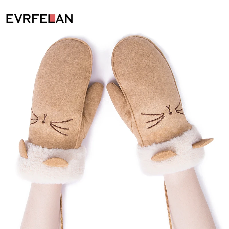 

Evrfelan Warm Winter Gloves For Girls Thick Mittens Plus Velvet Solid Color Hanging Neck Cotton Gloves Mittens Women Female