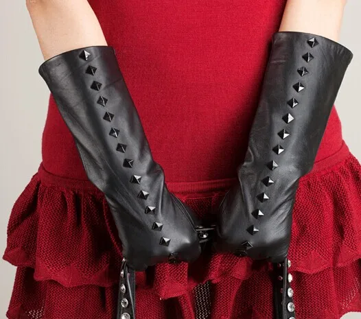 

High Quality Genuine Leather Gloves women Long gloves with rivet