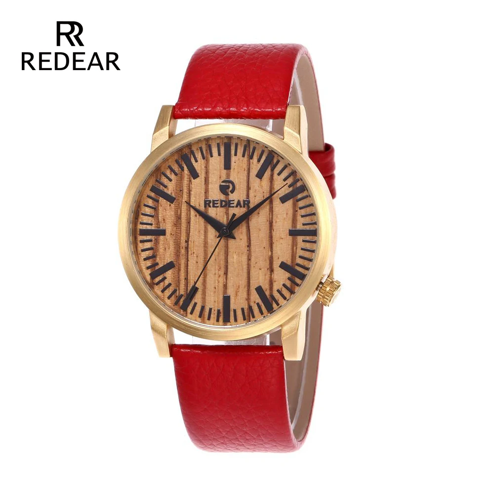 REDEAR природа древесины мужской часы Высокое качество деревянные часы с персонализированные красный ремень из натуральной кожи спортивные