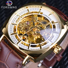 Forsining классические золотые мужские механические ажурные Наручные часы лучший бренд класса люкс коричневый кожаный квадратный Чехол Мужские креативные часы