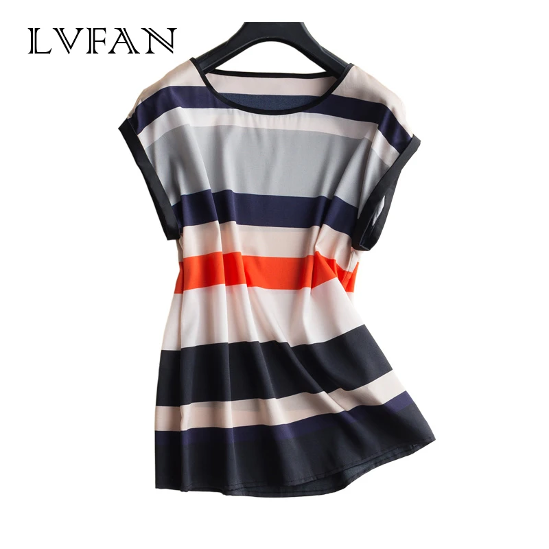 

LVFAN 2019 Summer 92% Nature Silk T-shirt Female Women's Short Sleeved Round Collar Stripes Loose Thin Real Silk Slim Tops Girl