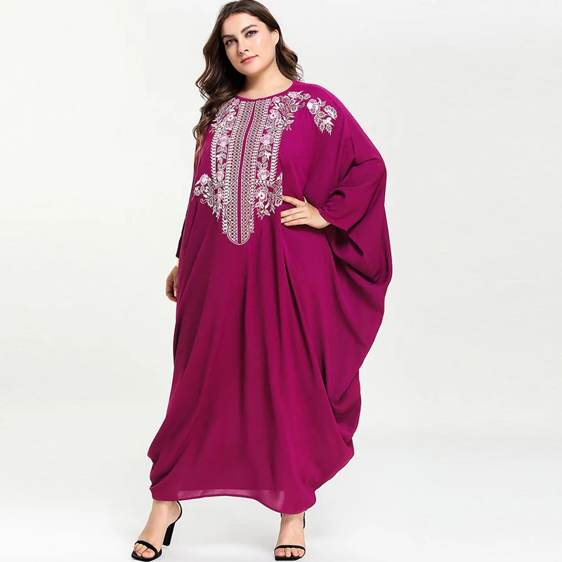 2019 Новое мусульманское платье высокого качества вышитое с длинным рукавом плюс размер женское с рукавом летучая мышь длинное платье