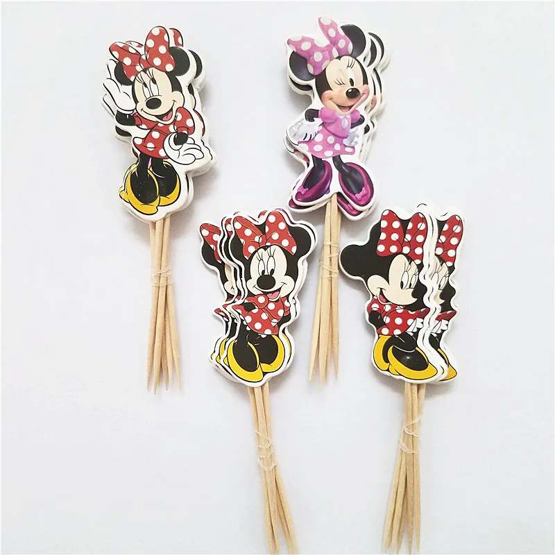 

48pcs/lot Lovely Pink Cartoon Minnie Mouse Cupcake Topper Picks Kids Birthday Party Supply Wedding Decorations