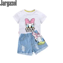 Одежда для девочек; летняя рубашка с рисунком утки из мультфильма и рваные джинсовые шорты с блестками; комплект одежды для маленьких девочек; детская одежда