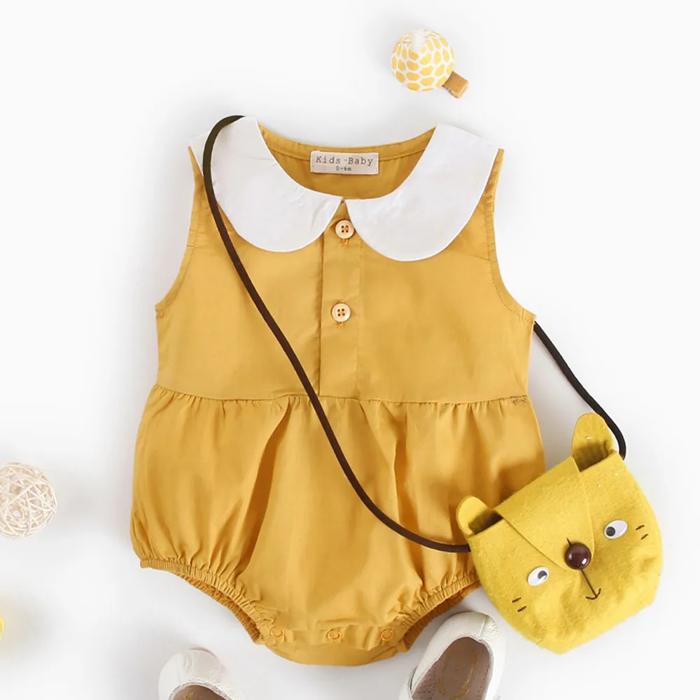 

Newborn Infant Baby Girls Cute Doll collar buttons Sleeveless Romper Summer Solid Color Jumpsuit Cotton and linen Outfit Clothes