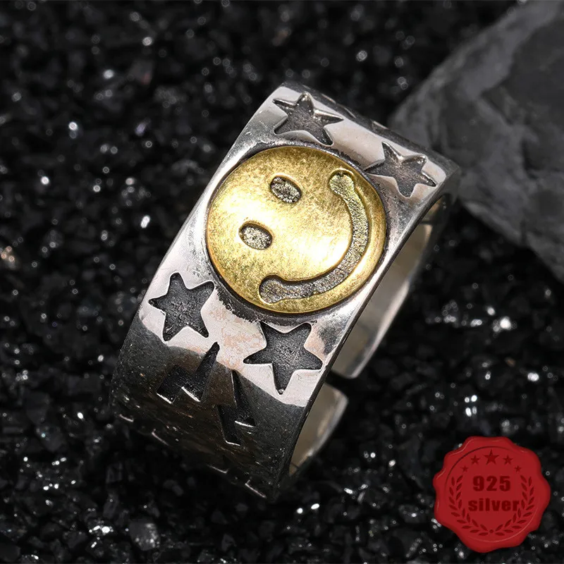 

925 sterling silver open ring personality student fashion temperament simple wild fresh couple smiley star shap hot new 2019 new