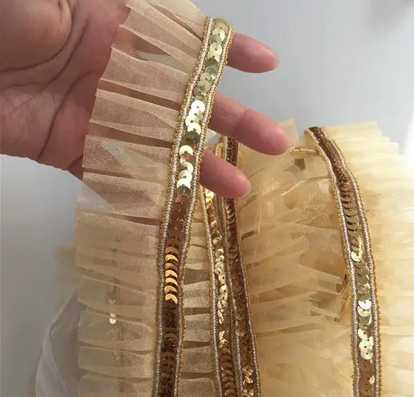 

4.5CM Wide Luxury Embroidery gold sequin flower lace fabric trim ribbon DIY sewing applique collar craft dress wedding decor