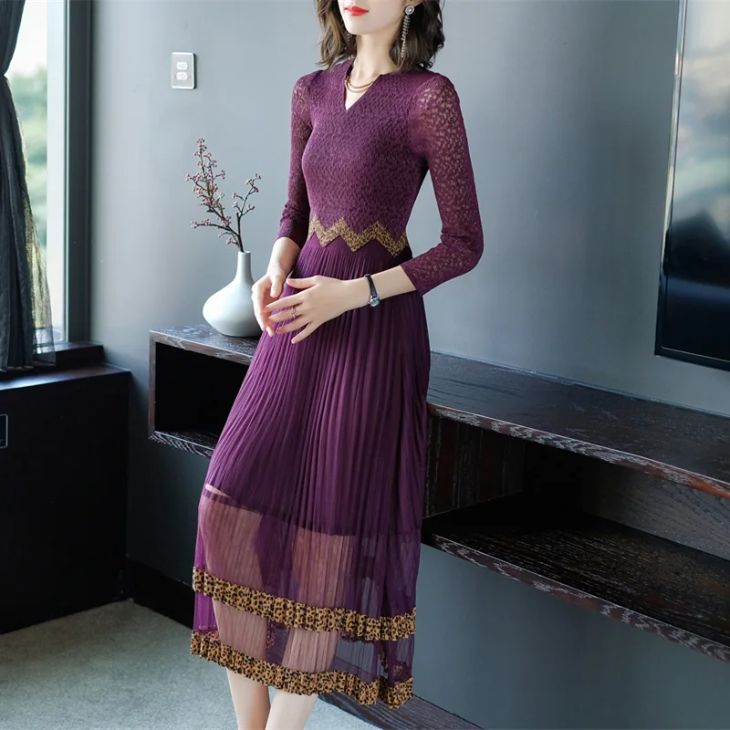 Женское плиссированное платье miяка элегантное кружевное лоскутное с V образным