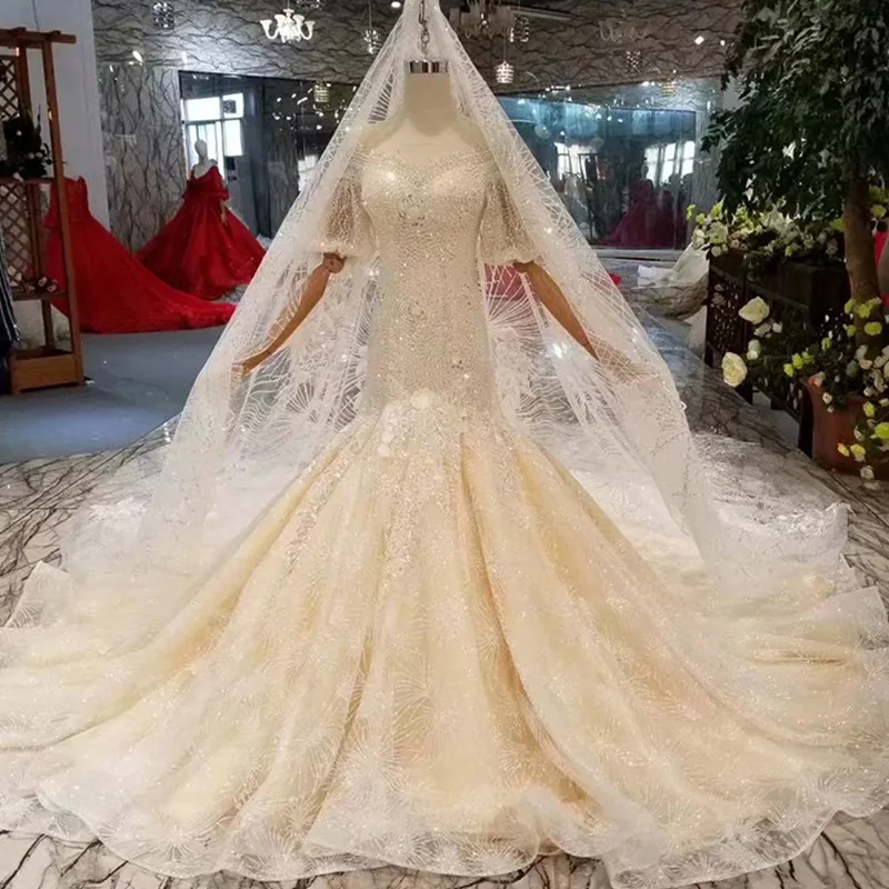 MIKAEL D элегантное платье с рукавами-фонариками, с круглым вырезом, свадебное платье русалки с вуалью и длинным шлейфом MDS359