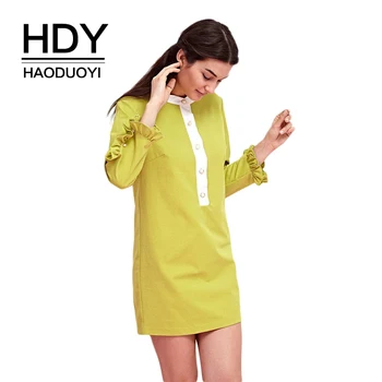

HDY Haoduoyi Brand 2020 Solid Yellow Sweet Preppy Style Mini Dress Women Slash neck Cascading Ruffle Sleeve Vestidos Lady Dress