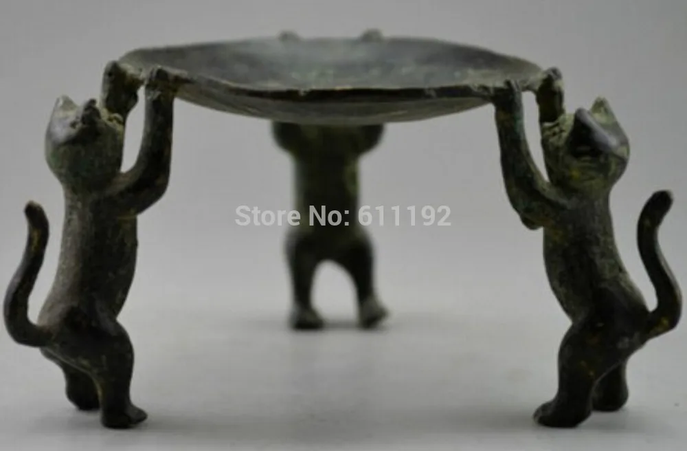 

Asian old bronze Handwork Carved 3 Cat Climb Plate CandleStick/Candelabra crafts