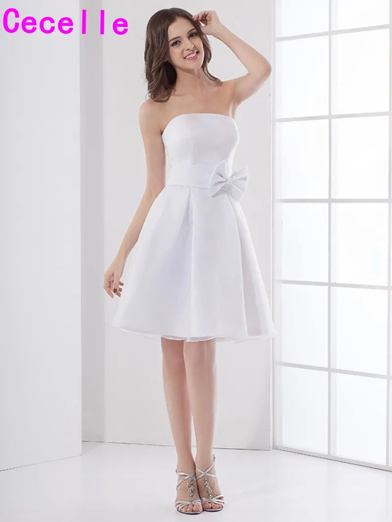 White Simple Summer Informal Bridesmaid Dresses Strapless Knee Length ...