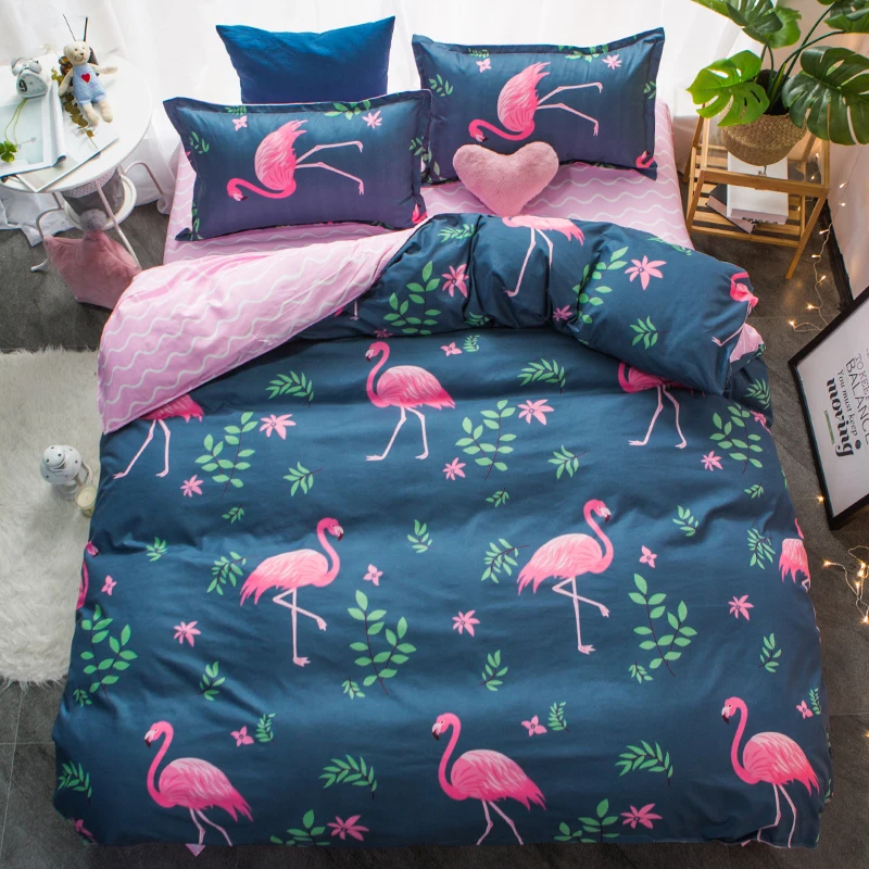  Home bedding 4pcs flat sheet set red heart bed linen set sheet pillowcase&duvet cover set Cute bird
