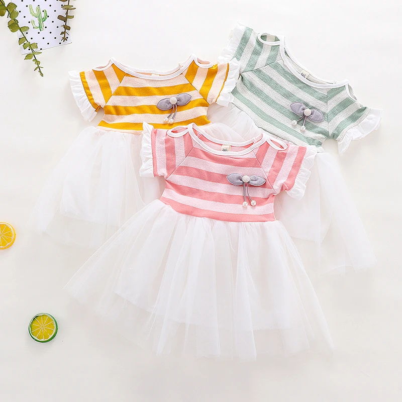 

Summer Kids girl Casual Short Sleeve Striped Print Dress Costume Babys Children Mesh Dresses
