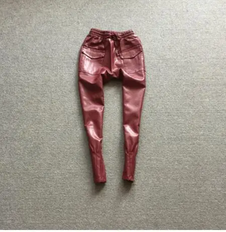 Весенние модные узкие брюки из искусственной кожи с высокой талией размера плюс, повседневные женские джеггинсы - Цвет: wine elastic waist