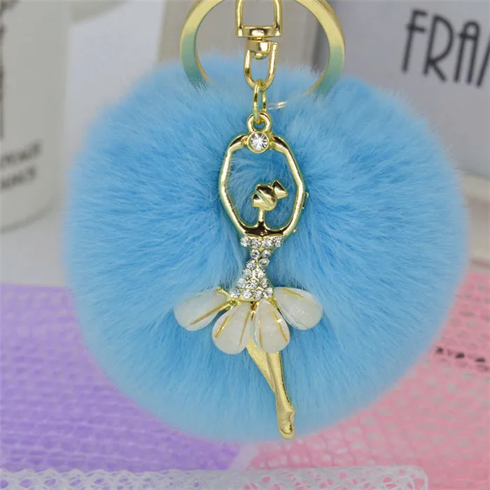 Fashion Crystal Ballet Dancing Fairy Faux Rex Rabbit Fur Ball Pom Pom Gold Key Chains Woman Bag Charms Keyring Car Ring Trinket (8)_