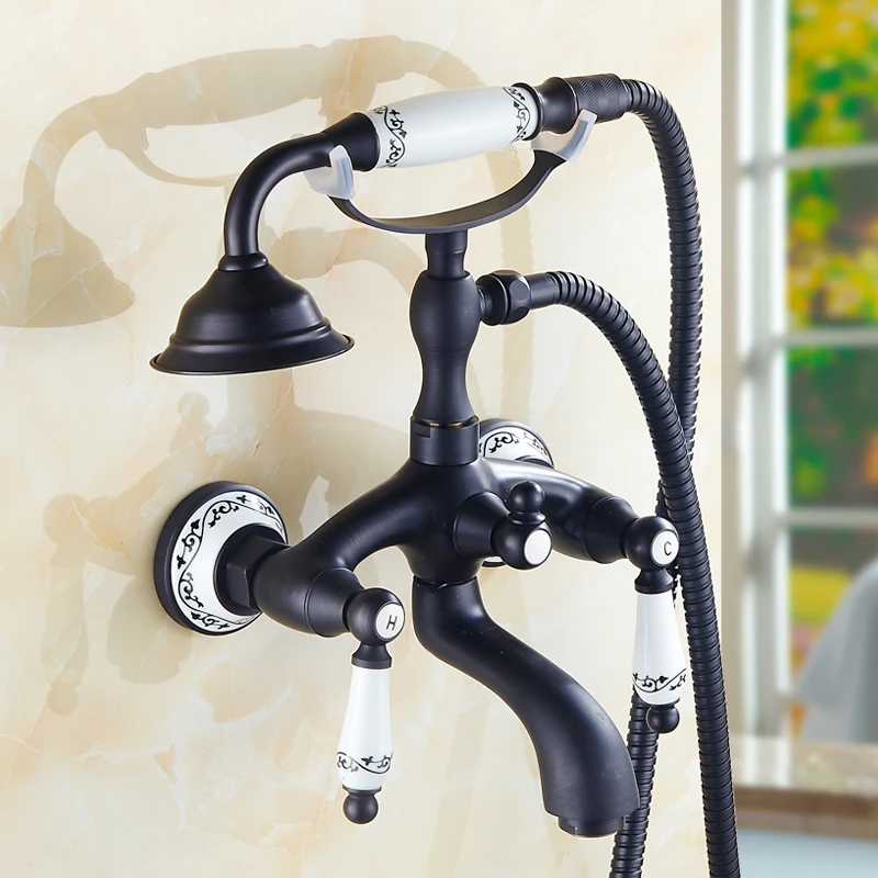 

Luxury Bathroom Black Mixer Taps Wall Mounted Bathtub Ceramic Hand Shower Solid Brass Antique Shower Mixer Crane