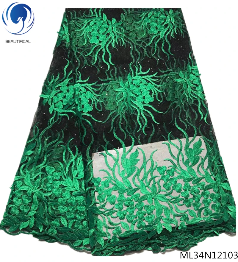 

BEAUTIFICAL Green Lace fabrics for clothes New arrival nigerian net lace with beads and stones embroidery fabric 5yards ML34N121