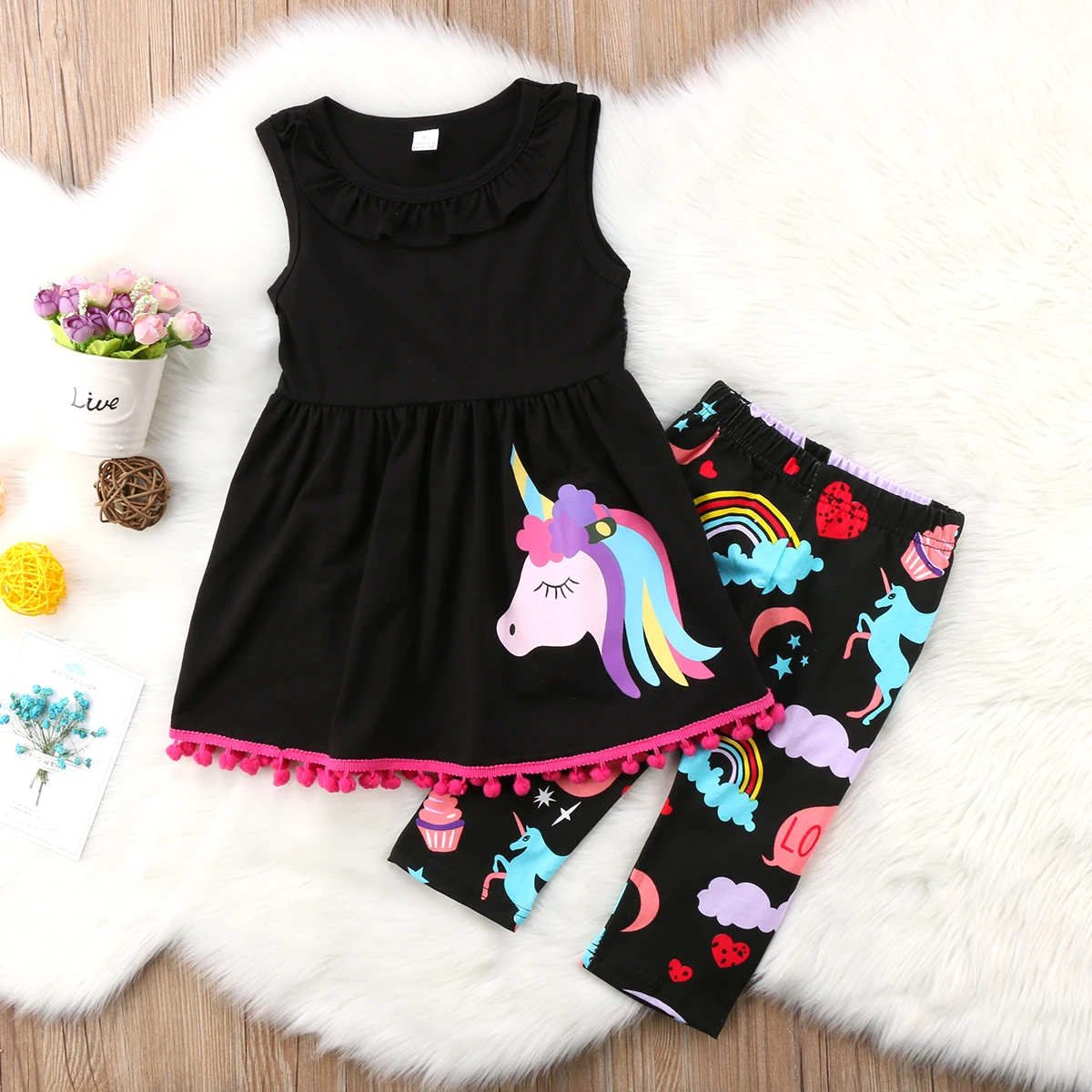 

Baby Girl Clothes Set Unicorn T-shirt Vest Top Dress+Pants Leggings Kids Cute Tassel Ball Clothes Outfits Set