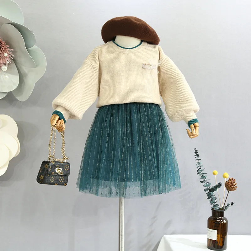 

children's suit 2018 autumn and winter new girls long-sleeved knit round neck shirt children's mesh dress two-piece suit