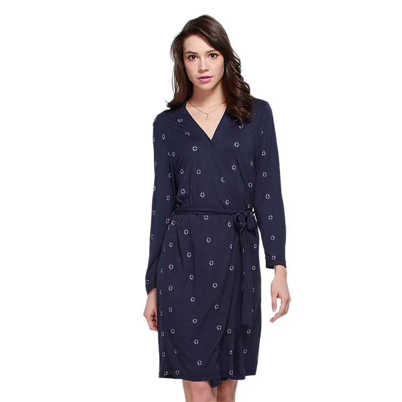 

Women Robe Long Sleeve V-Neck Nighties Belt Sleepwear Modal Cotton Robes Bath robe Dressing Female Homewear Navy Blue